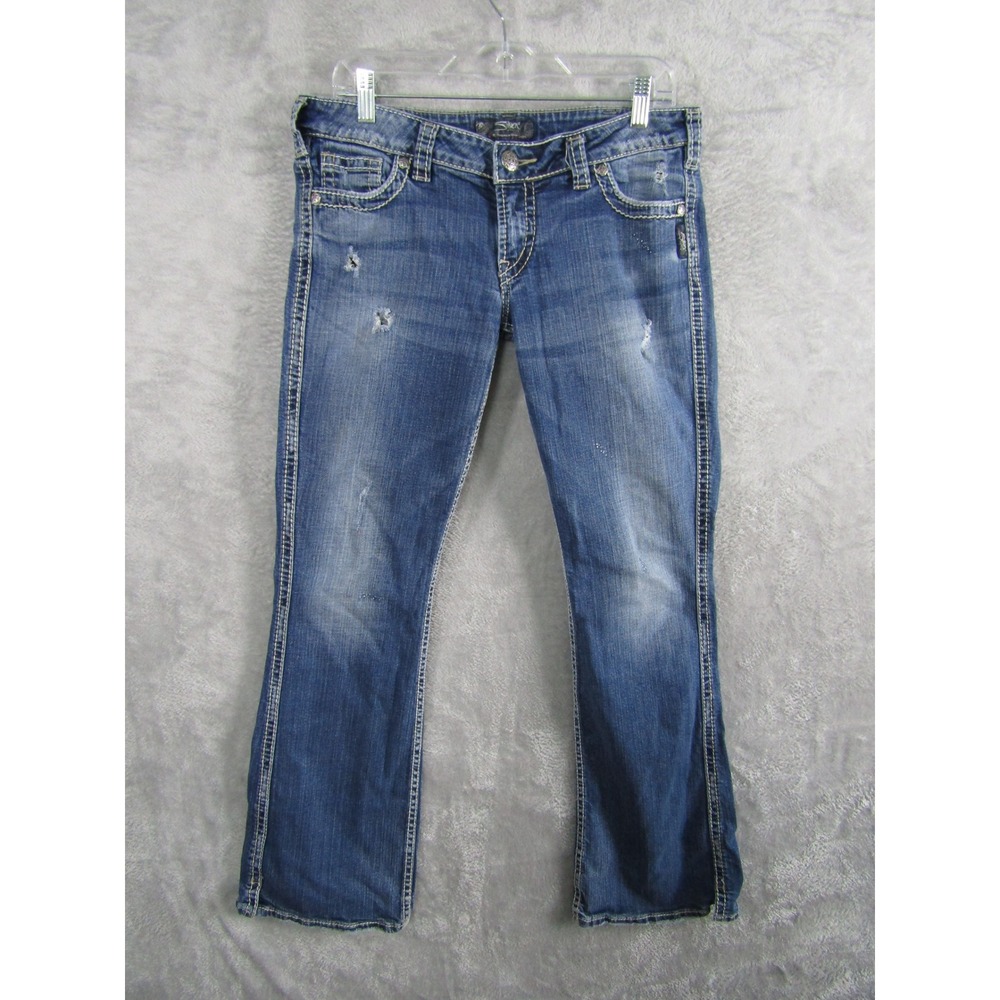 Silver Jeans Twisted Mid Slim Boot Womens 32 Blue Denim Distressed Thick Stitch‎